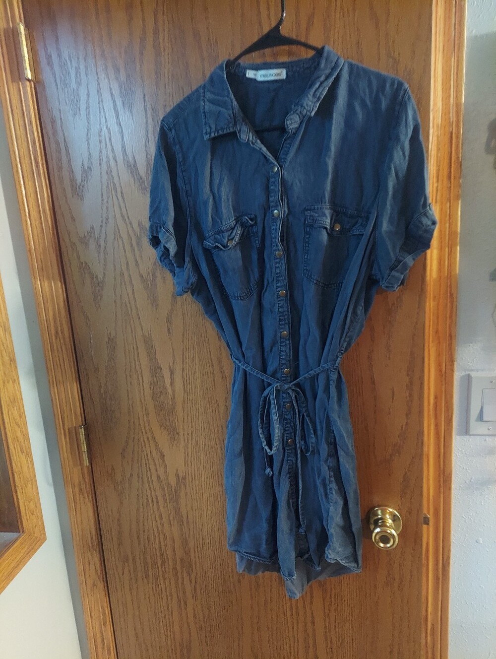 Maurices Women Size 1 Chambray Denim Shirt Dress Crochet Back Belted Short Sleev